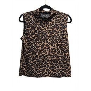 ACW Design Leopard Blouse MADE IN USA Women Print Mock Neck Sleeveless Brown M